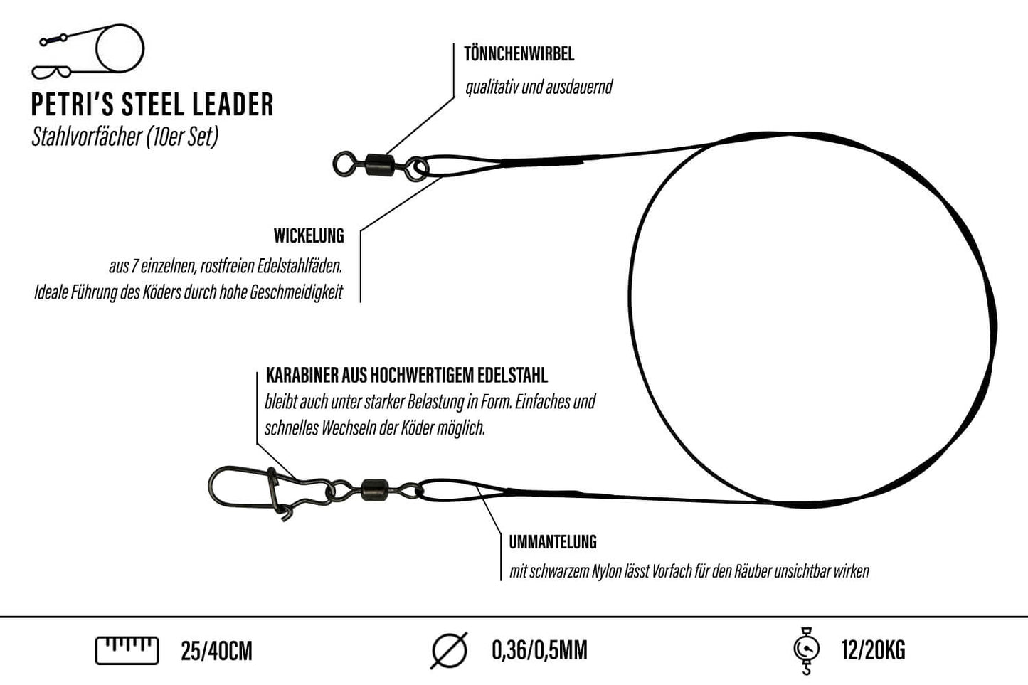 10 Stk. Stahlvorfächer Set für Hecht, Zander und Wels | 1x7