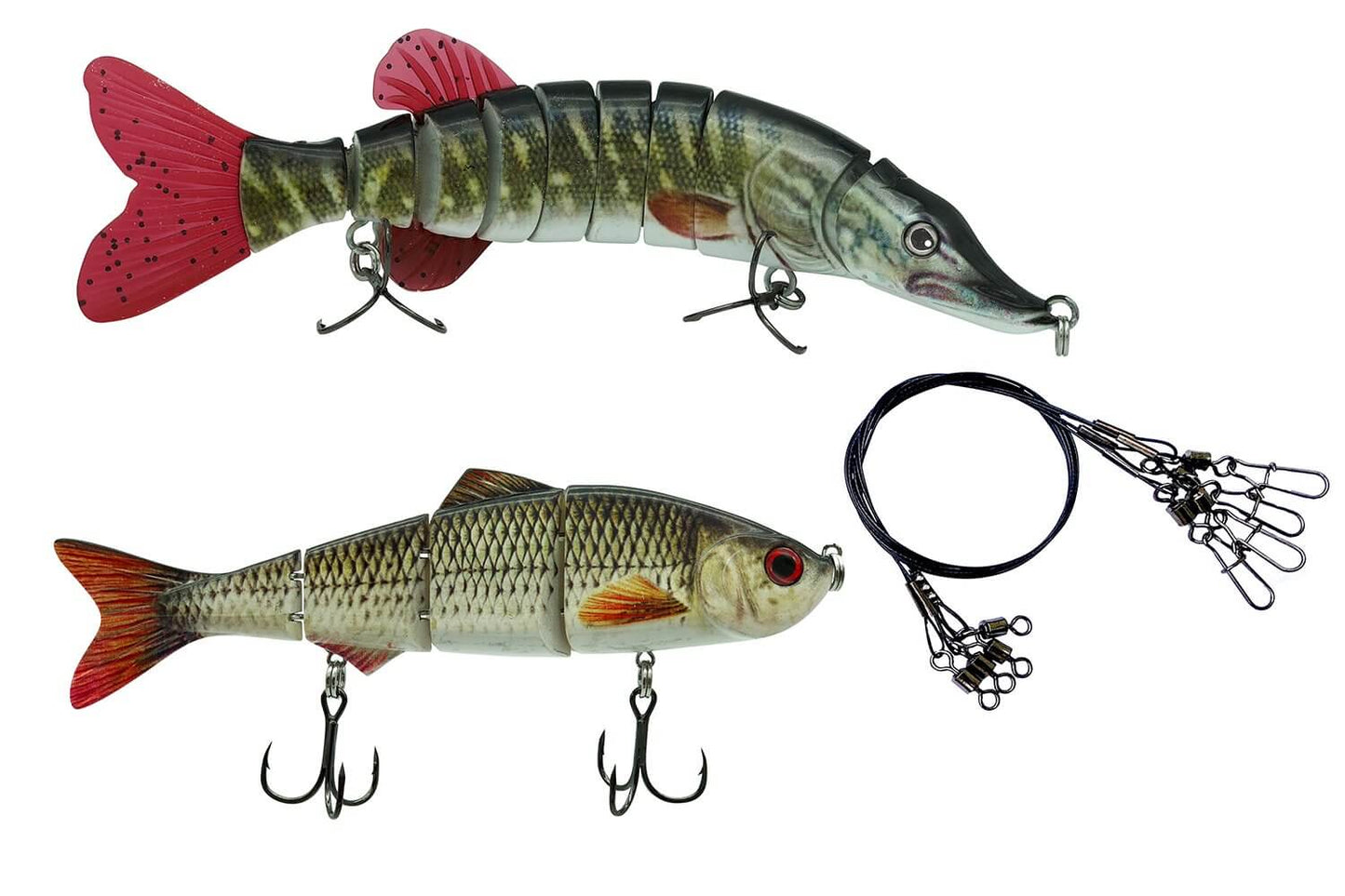 Angelkoeder Wobbler Set mit Hechtkoeder Swimbait und Stahlvorfach fuer Raubfisch angeln