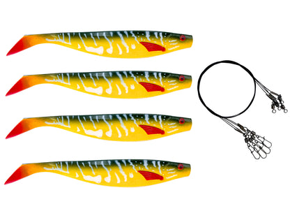Softbait / Gummifisch 4er Set | 15cm | UV aktiv | Farben für trübe und klare Gewässer