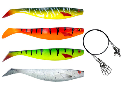 Softbait / Gummifisch 4er Set | 15cm | UV aktiv | Farben für trübe und klare Gewässer
